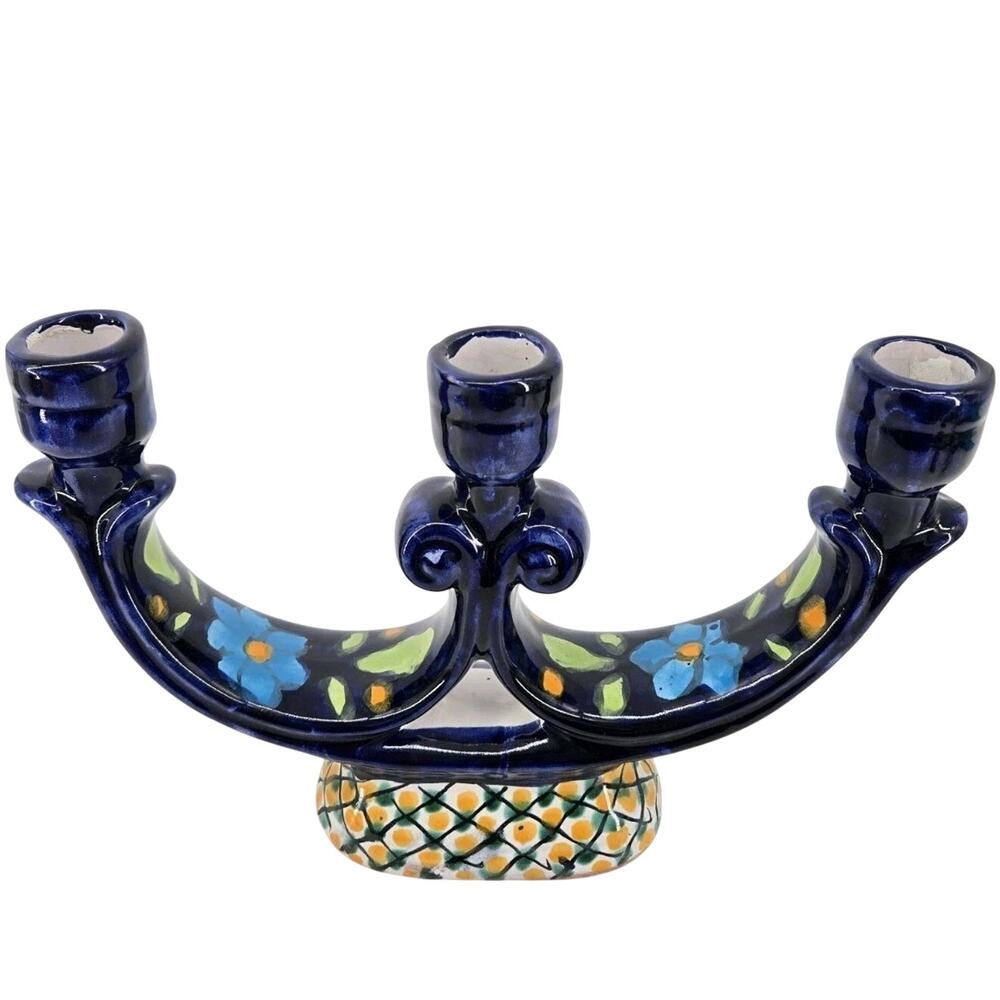 Mexican Talavera Folk Art Cobalt Blue Pottery Three Arm Candelabra Signed M Lugo